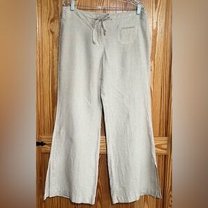 Express 100% Linen Women’s Wide Leg Drawstring Pants Beige Mid Rise Side Slits